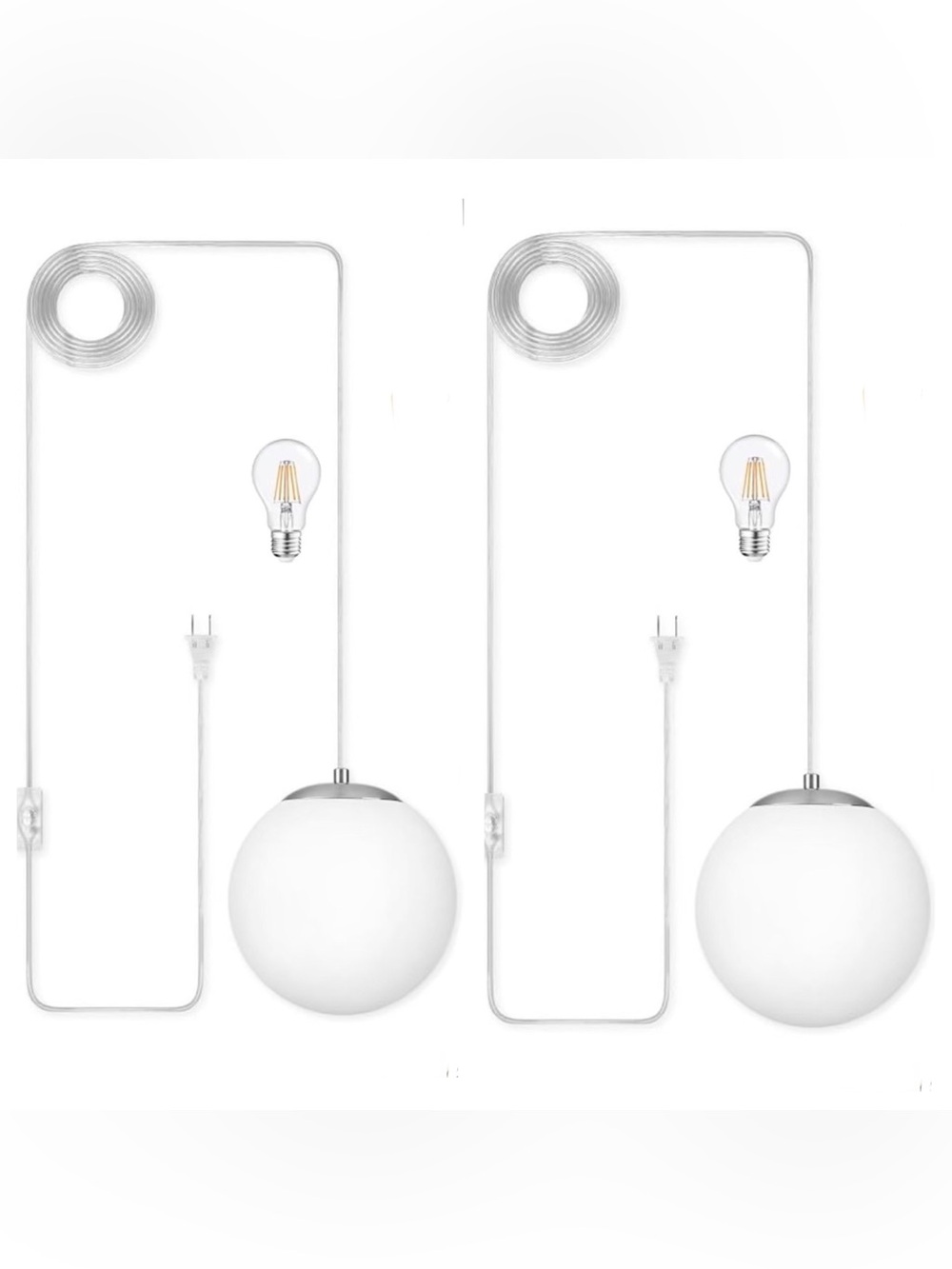 Set of two opal & nickel  8" Globe plug in Pendant Lights   Adjustable